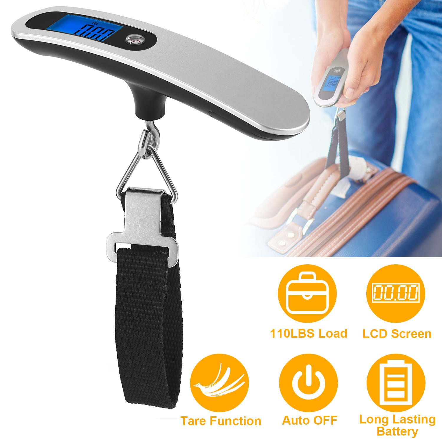 Sleek Club - Portable Digital Luggage Scale 50kg/10g LCD Hanging Luggage Scale Electronic Digital Weight Scale for Travel Household