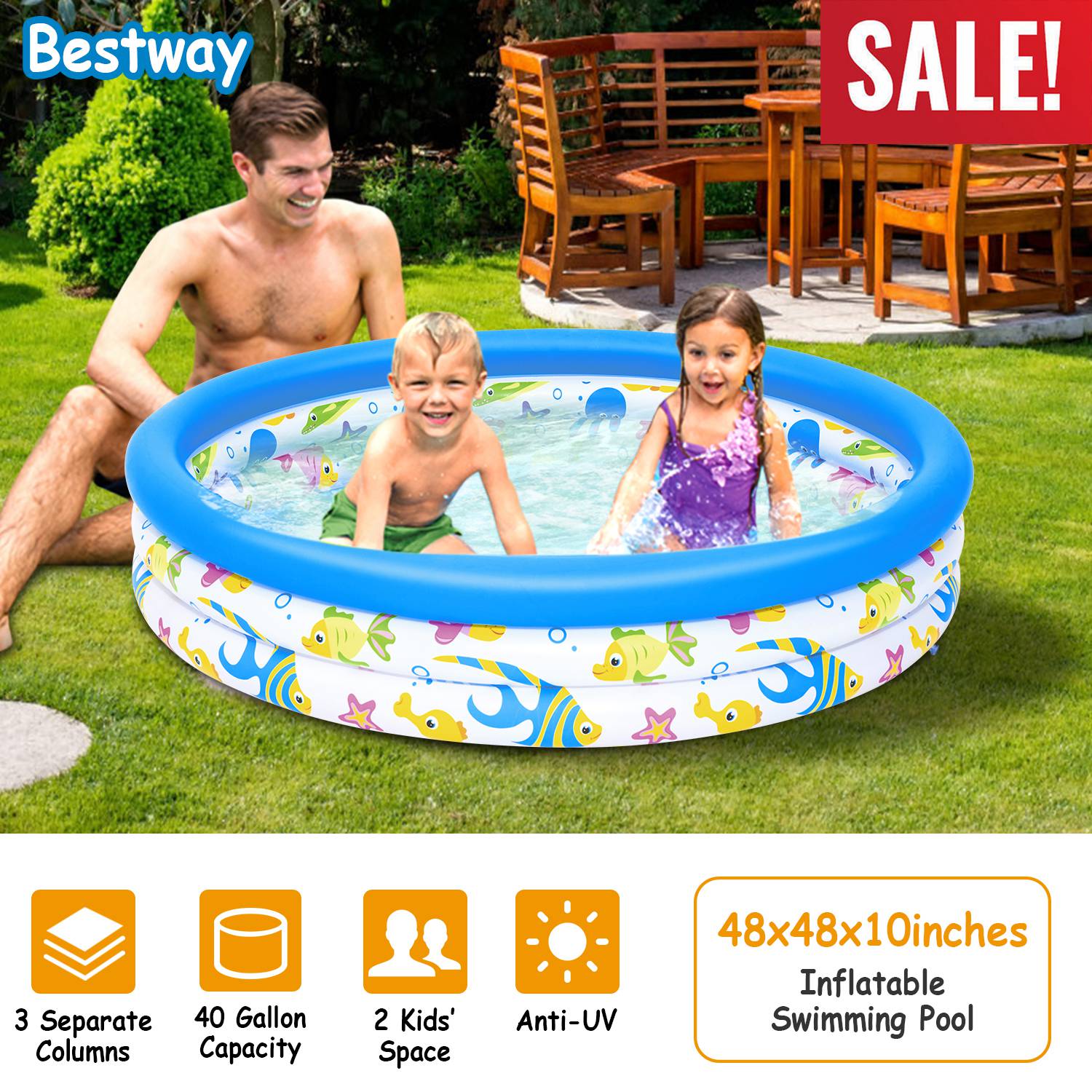 Sleek Club - 48x10” Inflatable Swimming Pool Blow Up Family Pool For 2 Kids Foldable Swim Ball Pool Center w/ 3 Velvets Water Drain Plug For Indoor Backyard Beach