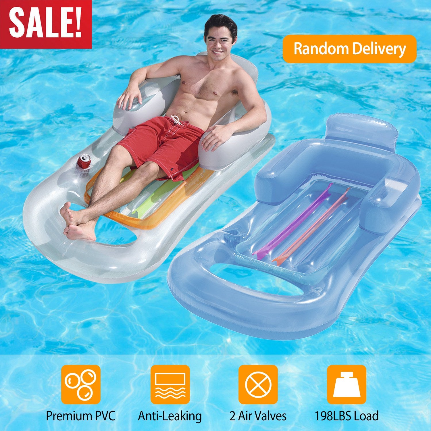 Sleek Club - 59in Inflatable Pool Float Raft w/ Headrest Armrest Cupholder Swimming Pool Lounge Air Mat Chair