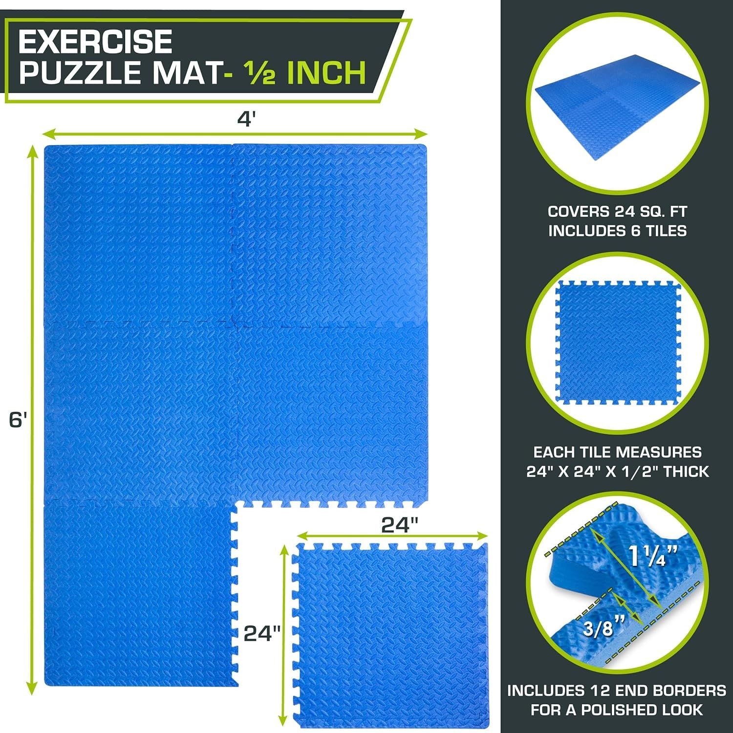 ProsourceFit Exercise Puzzle Mat ½ inch, 24 SQ FT - 6 Tiles