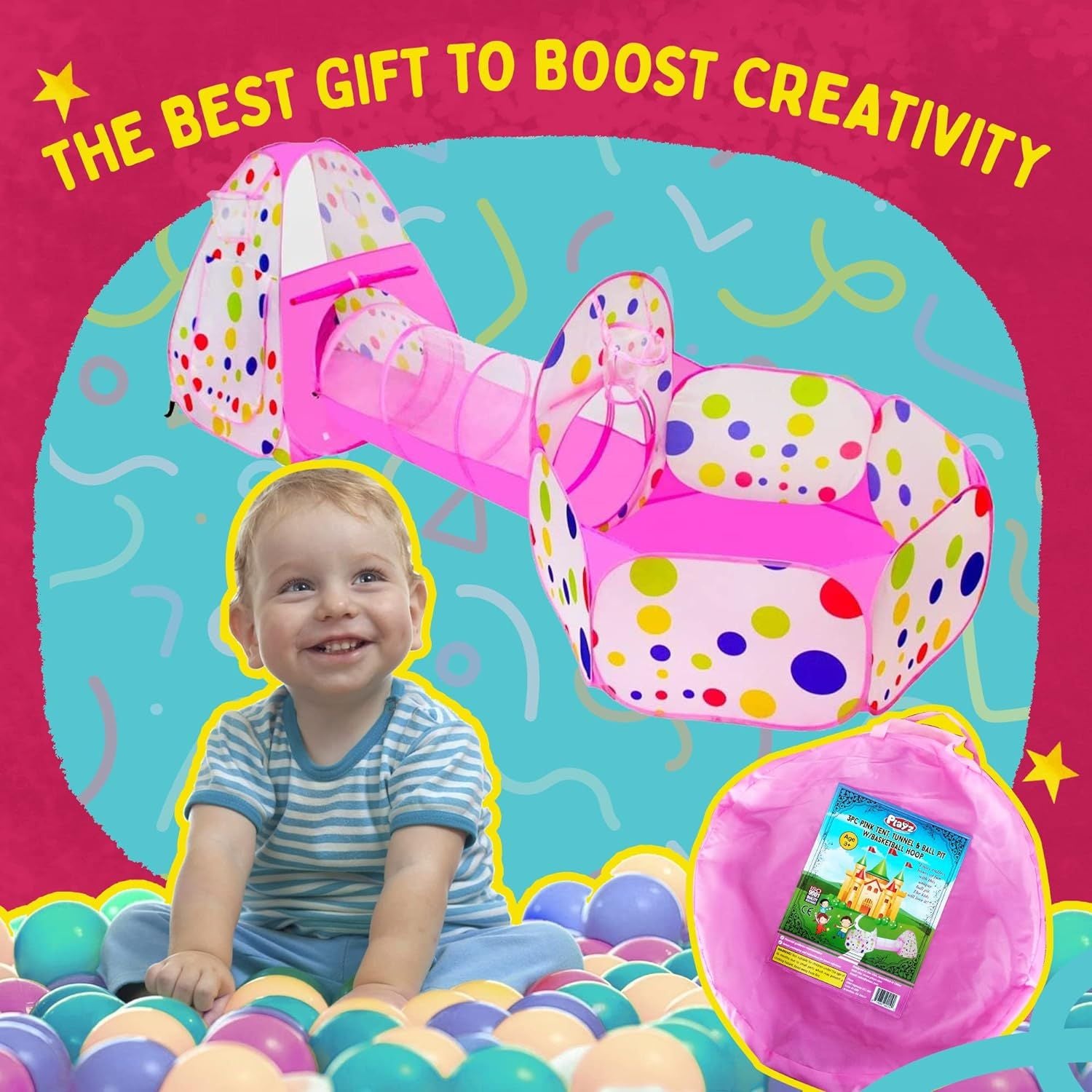 Playz 3pc Kids Play Tent Crawl Tunnel and Ball Pit Pop Up Playhouse Tent