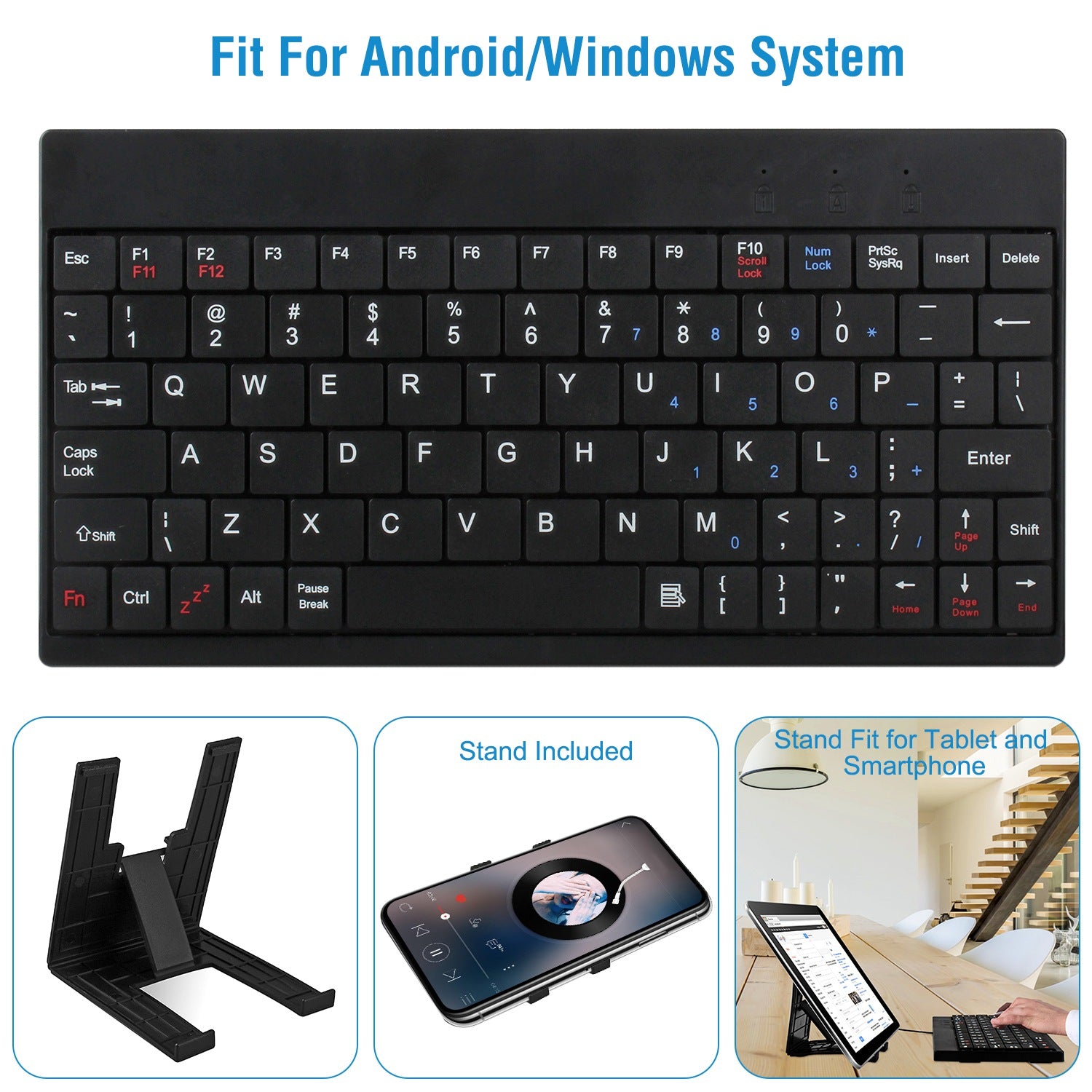 Sleek Club - 80 Keys Wired Keyboard Mini USB Connector Keyboard Portable Durable Keyboard w/ Carry Bag Tablet Stand for Android Window Tablet