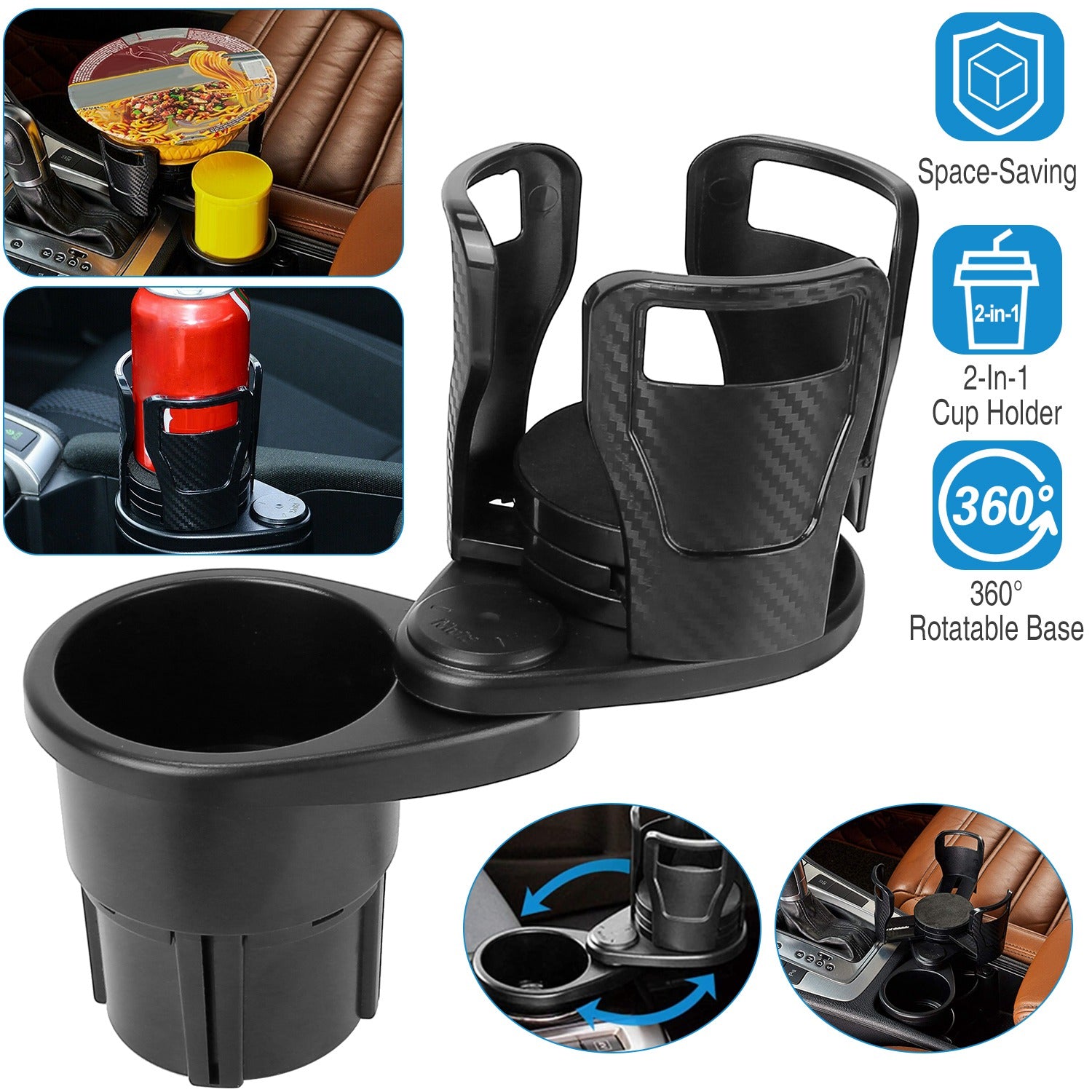 Sleek Club - 2 In 1 Car Cup Holder Extender Adapter 360° Rotating Dual Cup Mount Organizer Holder For Most 20 oz Up To 5.9" Coffee Drinking Bottles