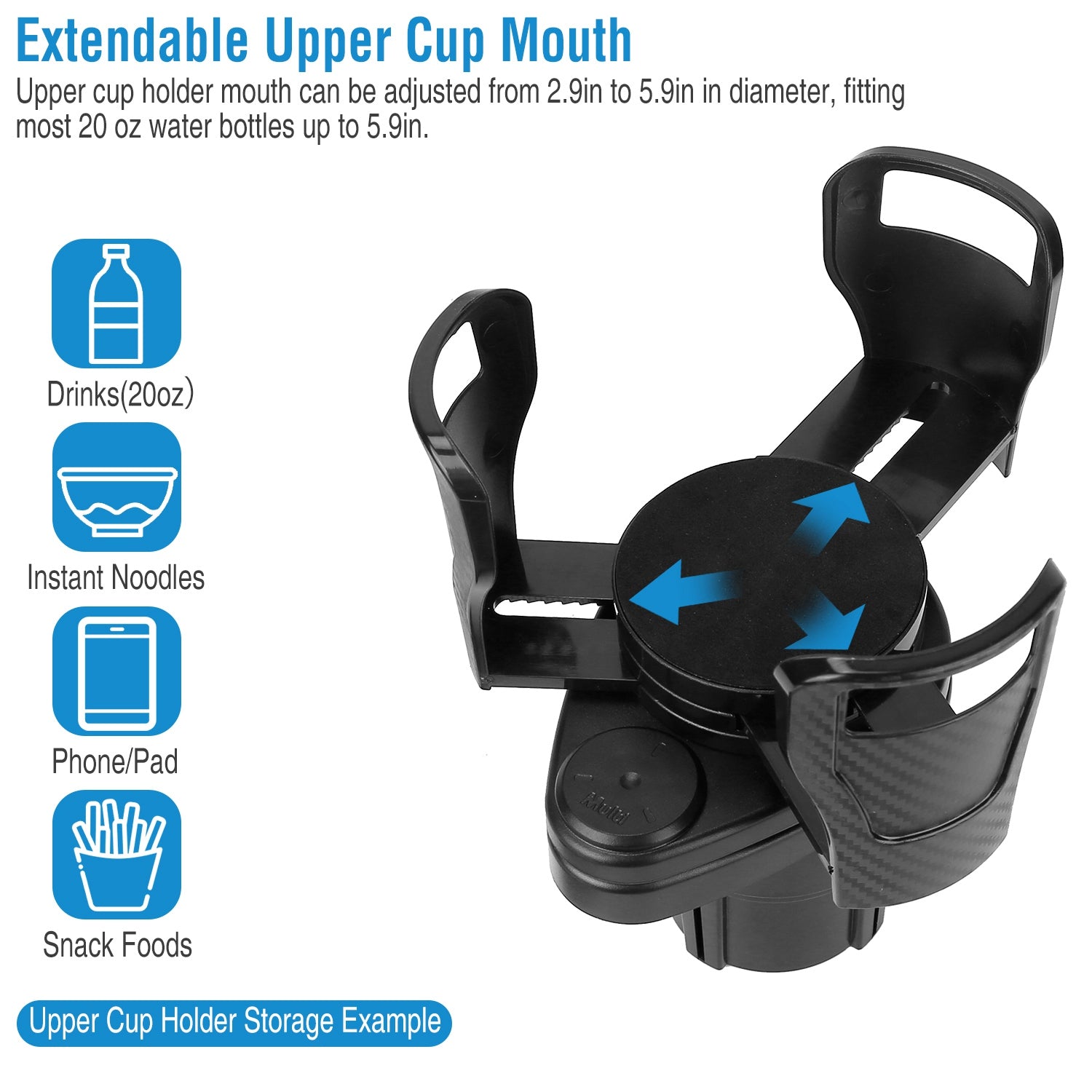 Sleek Club - 2 In 1 Car Cup Holder Extender Adapter 360° Rotating Dual Cup Mount Organizer Holder For Most 20 oz Up To 5.9" Coffee Drinking Bottles