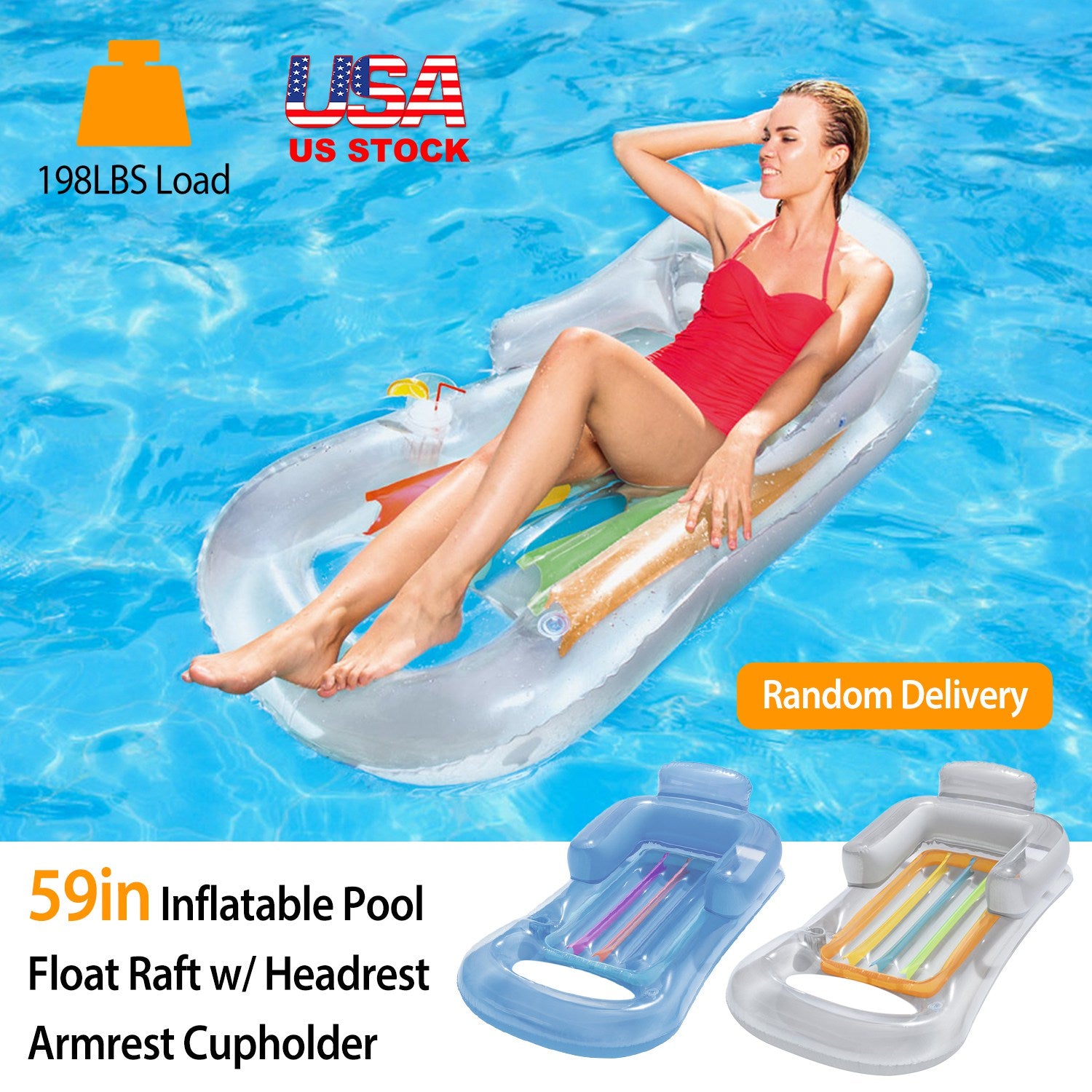 Sleek Club - 59in Inflatable Pool Float Raft w/ Headrest Armrest Cupholder Swimming Pool Lounge Air Mat Chair