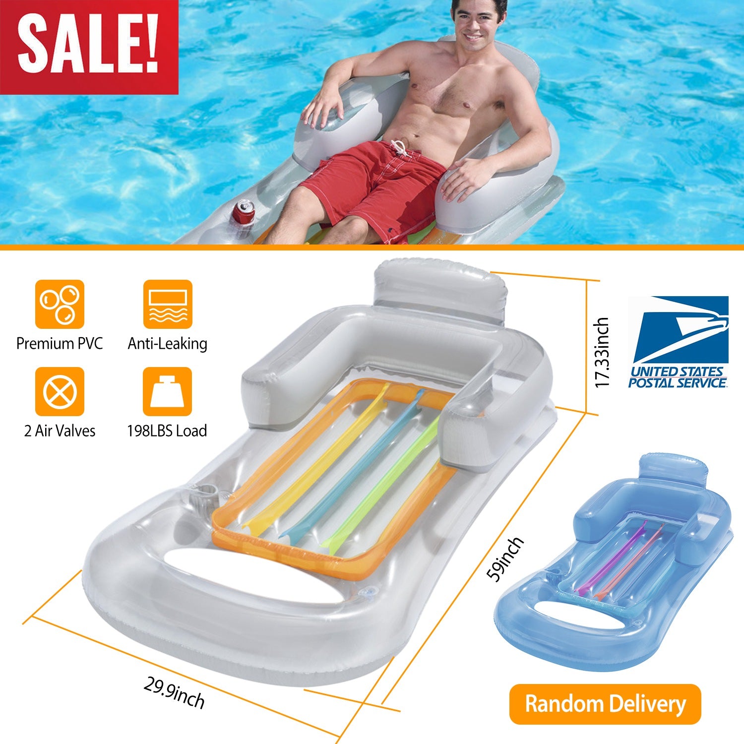 Sleek Club - 59in Inflatable Pool Float Raft w/ Headrest Armrest Cupholder Swimming Pool Lounge Air Mat Chair