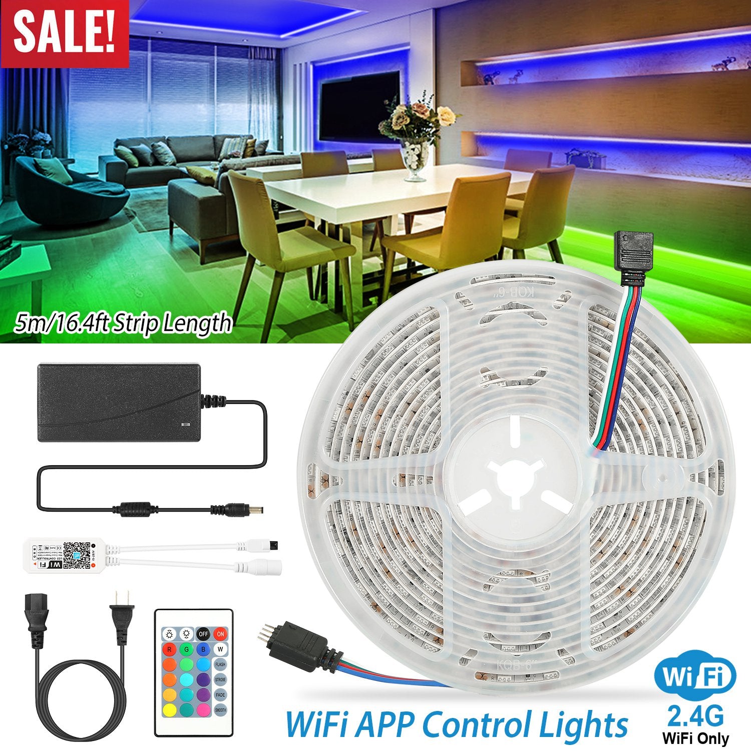 Sleek Club - LED Strip Lights, Waterproof 16.4FT 300 LEDs SMD5050 RGB Color Changing WiFi Smart LED Light Strip Work with Alexa Google Assistant Sync with Music AP