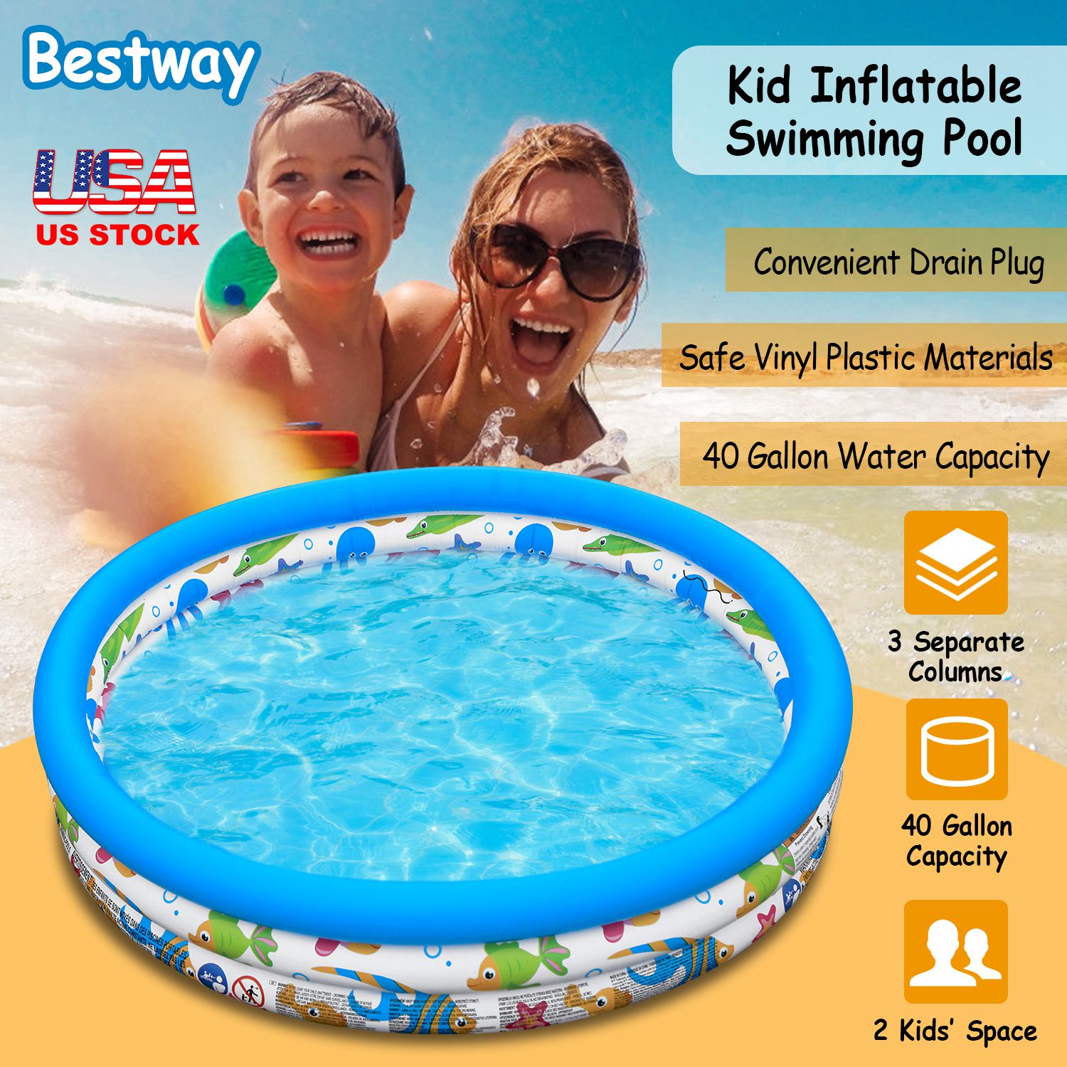 Sleek Club - 48x10” Inflatable Swimming Pool Blow Up Family Pool For 2 Kids Foldable Swim Ball Pool Center w/ 3 Velvets Water Drain Plug For Indoor Backyard Beach
