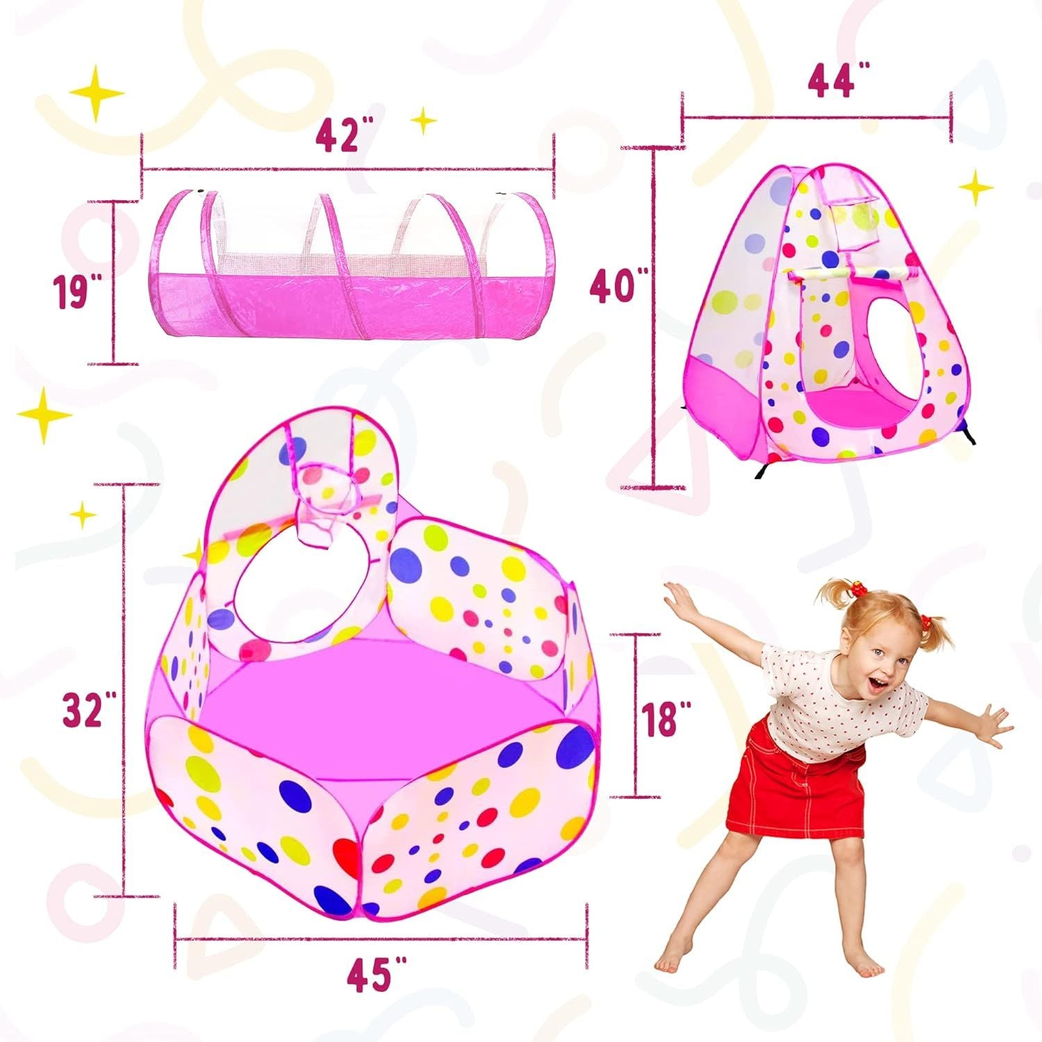 Playz 3pc Kids Play Tent Crawl Tunnel and Ball Pit Pop Up Playhouse Tent