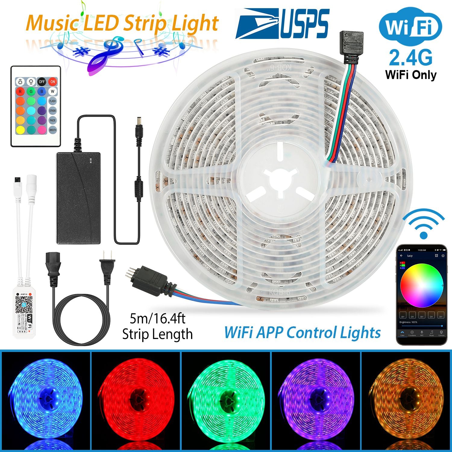 Sleek Club - LED Strip Lights, Waterproof 16.4FT 300 LEDs SMD5050 RGB Color Changing WiFi Smart LED Light Strip Work with Alexa Google Assistant Sync with Music AP