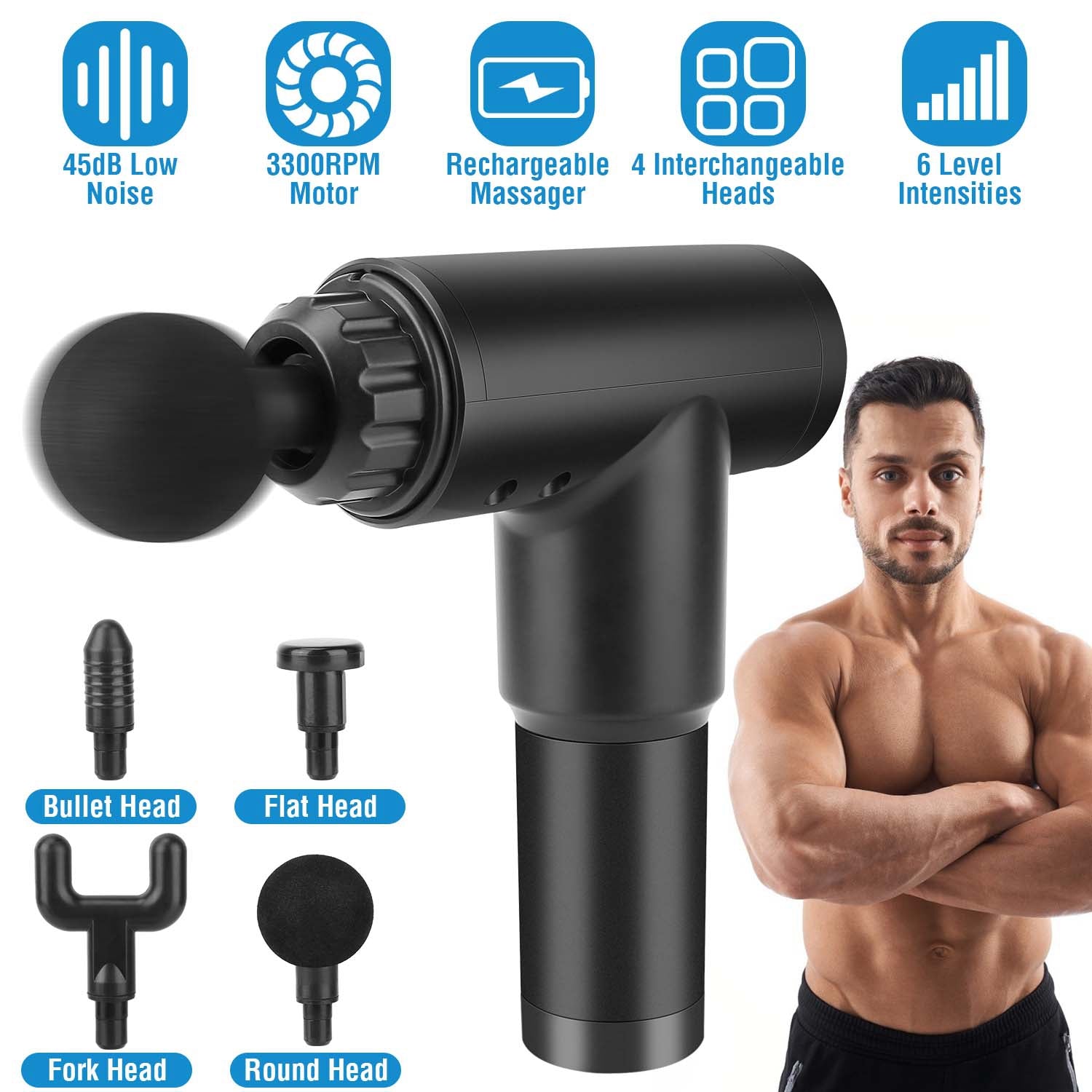 Sleek Club - Percussion Massage Gun Rechargeable Deep Tissue Vibration Cordless Massager w/ 4 Interchangeable Heads 6 Intensity