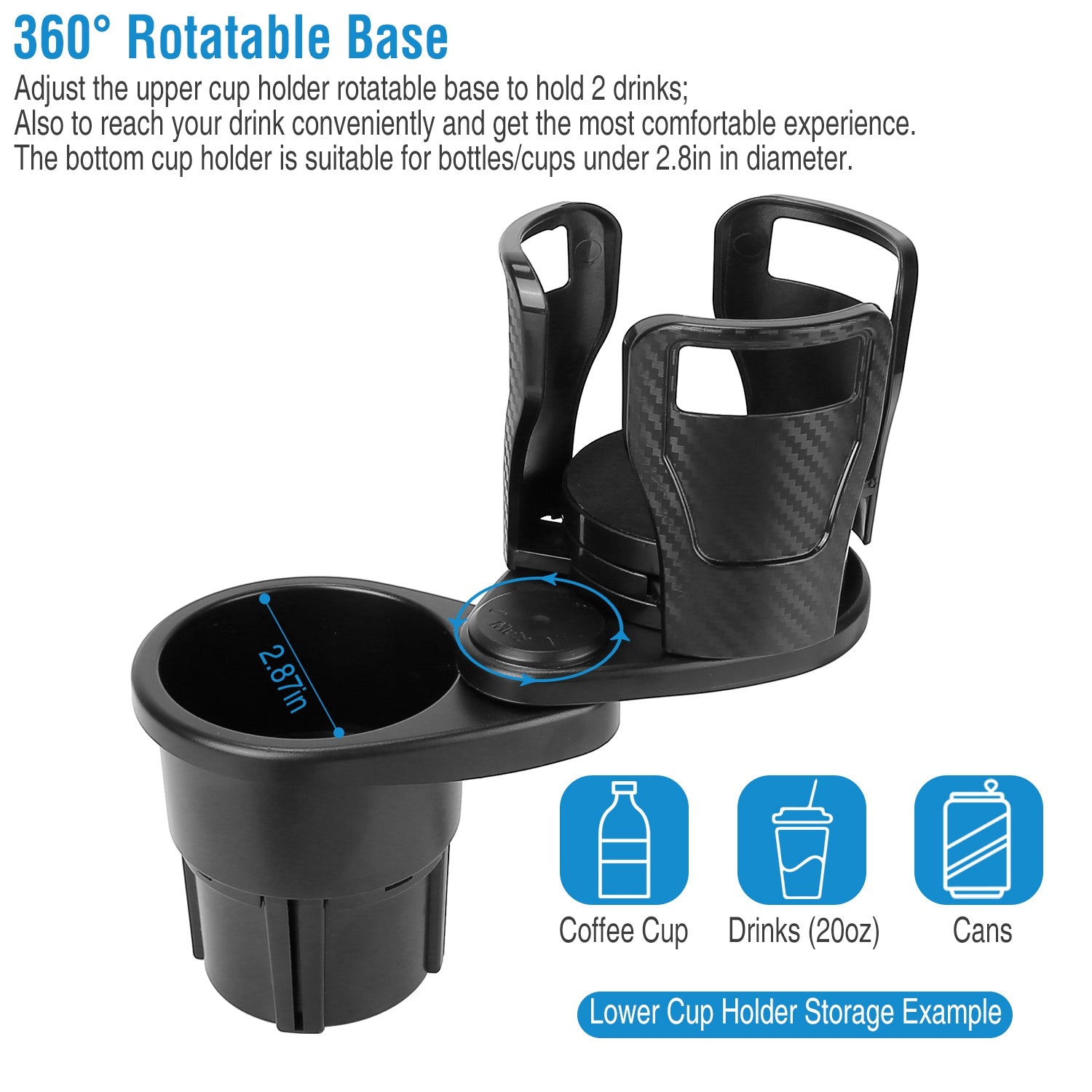 Sleek Club - 2 In 1 Car Cup Holder Extender Adapter 360° Rotating Dual Cup Mount Organizer Holder For Most 20 oz Up To 5.9" Coffee Drinking Bottles