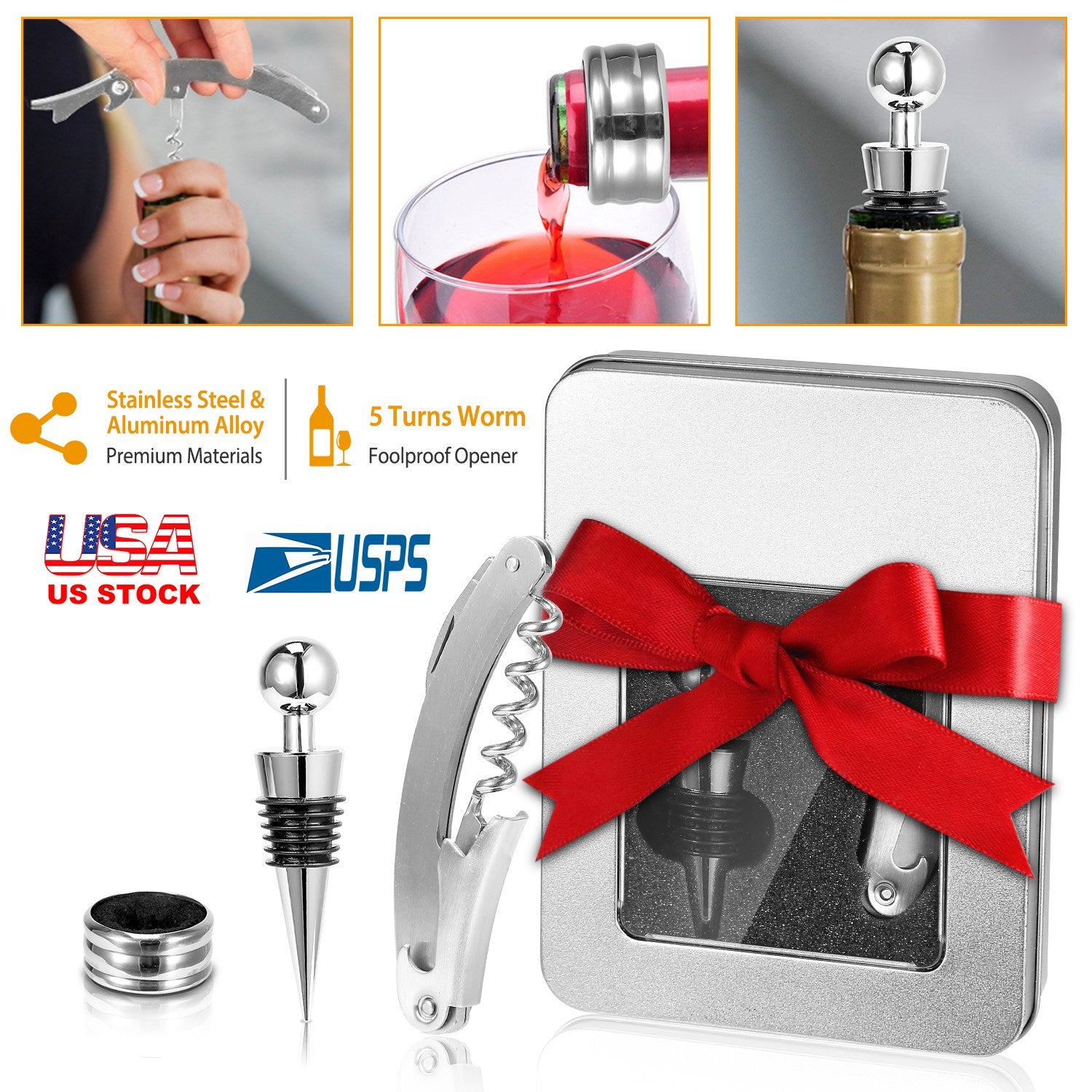 Sleek Club - 3Pcs Corkscrew Bottle Opener Set Tool Foil Cutter Drip Collar Protector Cork Stopper Wine Bottle Cap Opener