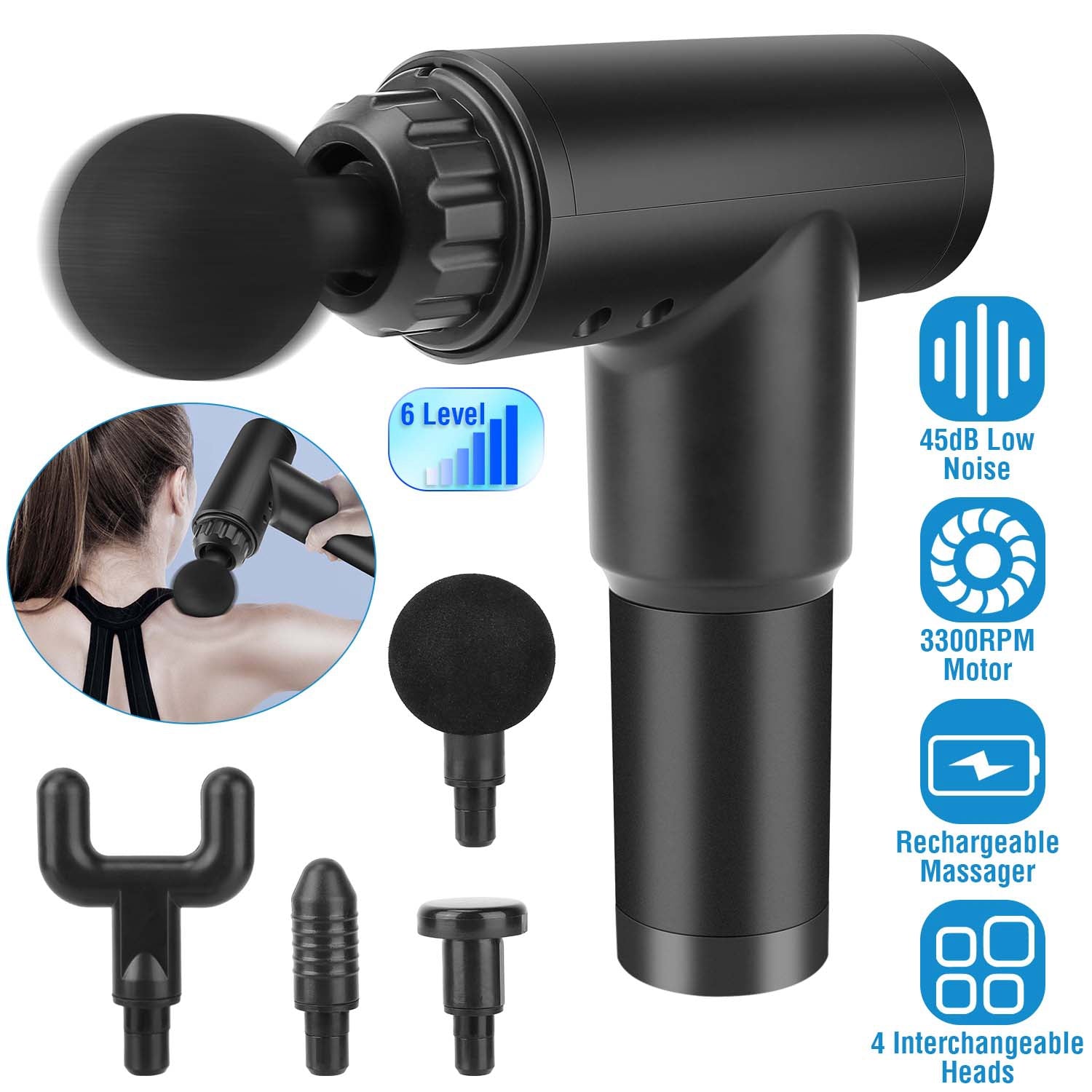Sleek Club - Percussion Massage Gun Rechargeable Deep Tissue Vibration Cordless Massager w/ 4 Interchangeable Heads 6 Intensity