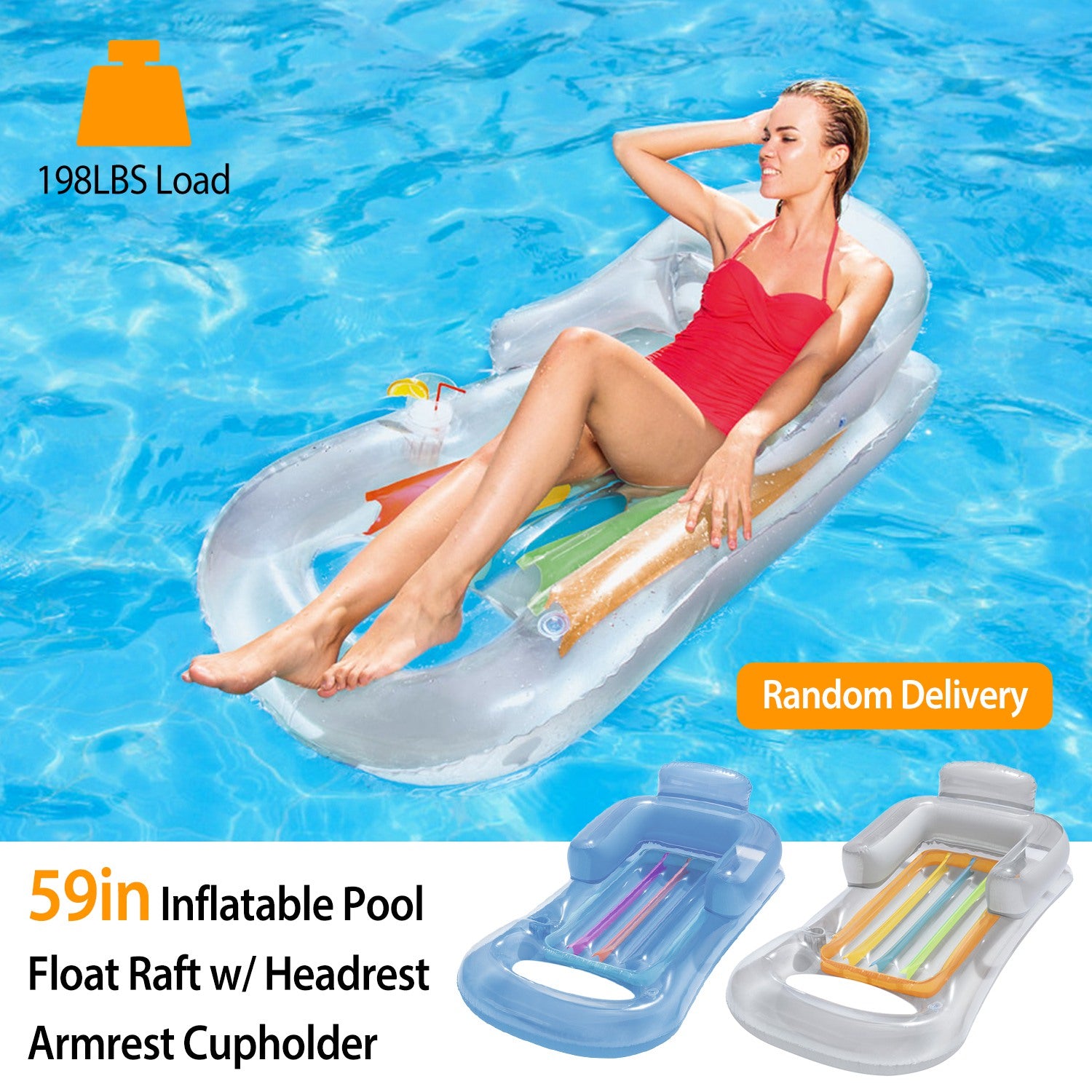 Sleek Club - 59in Inflatable Pool Float Raft w/ Headrest Armrest Cupholder Swimming Pool Lounge Air Mat Chair