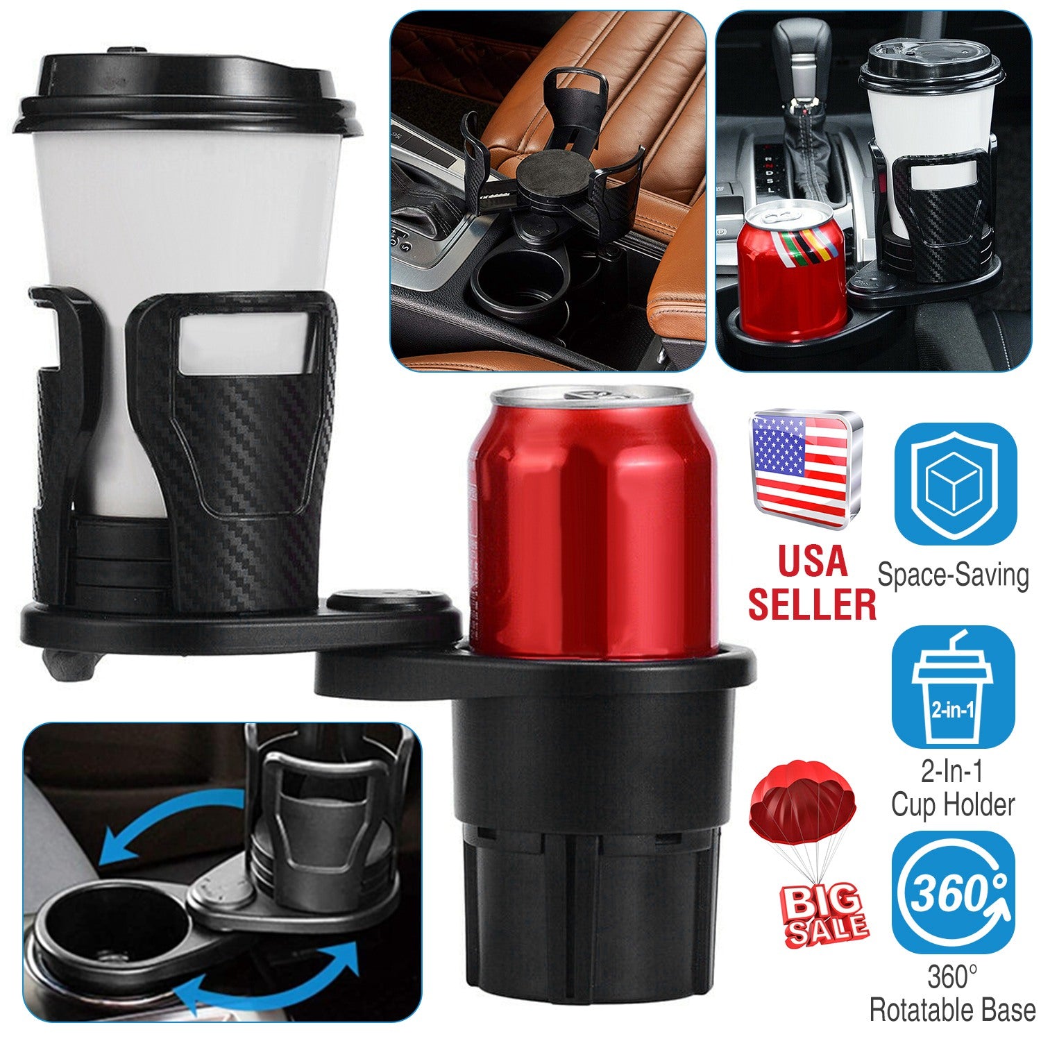 Sleek Club - 2 In 1 Car Cup Holder Extender Adapter 360° Rotating Dual Cup Mount Organizer Holder For Most 20 oz Up To 5.9" Coffee Drinking Bottles