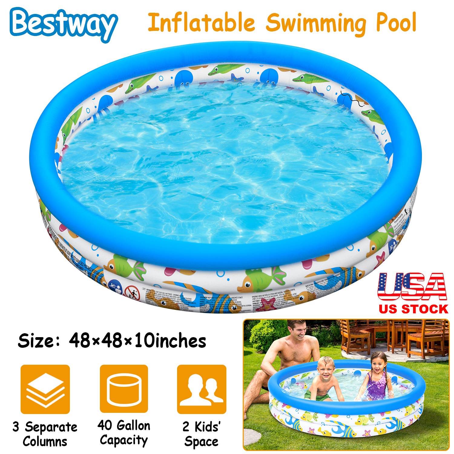 Sleek Club - 48x10” Inflatable Swimming Pool Blow Up Family Pool For 2 Kids Foldable Swim Ball Pool Center w/ 3 Velvets Water Drain Plug For Indoor Backyard Beach