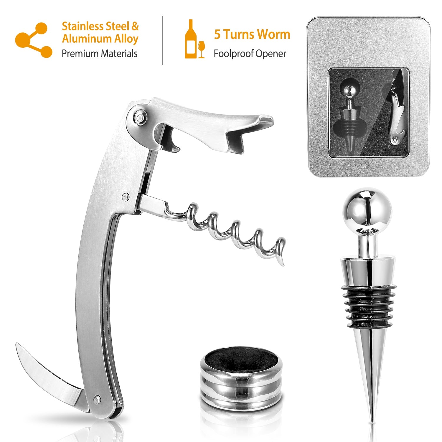 Sleek Club - 3Pcs Corkscrew Bottle Opener Set Tool Foil Cutter Drip Collar Protector Cork Stopper Wine Bottle Cap Opener