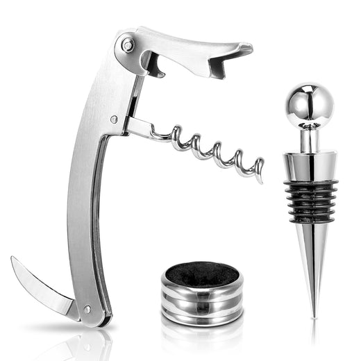 Sleek Club - 3Pcs Corkscrew Bottle Opener Set Tool Foil Cutter Drip Collar Protector Cork Stopper Wine Bottle Cap Opener